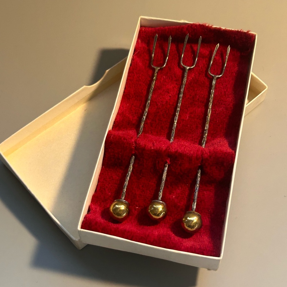 Vintage Cocktail Hors D'Ouvre Picks Set Of 3 In Box Gold Silver Color Rustic